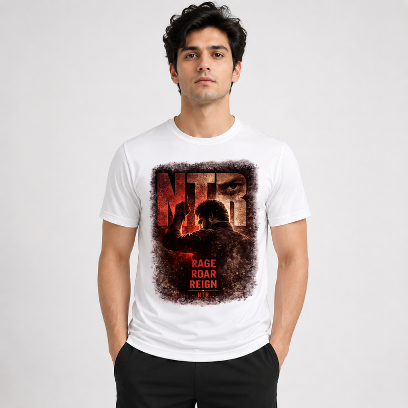 Jr. NTR "Rage Roar Reign" Custom Printed White T-Shirt