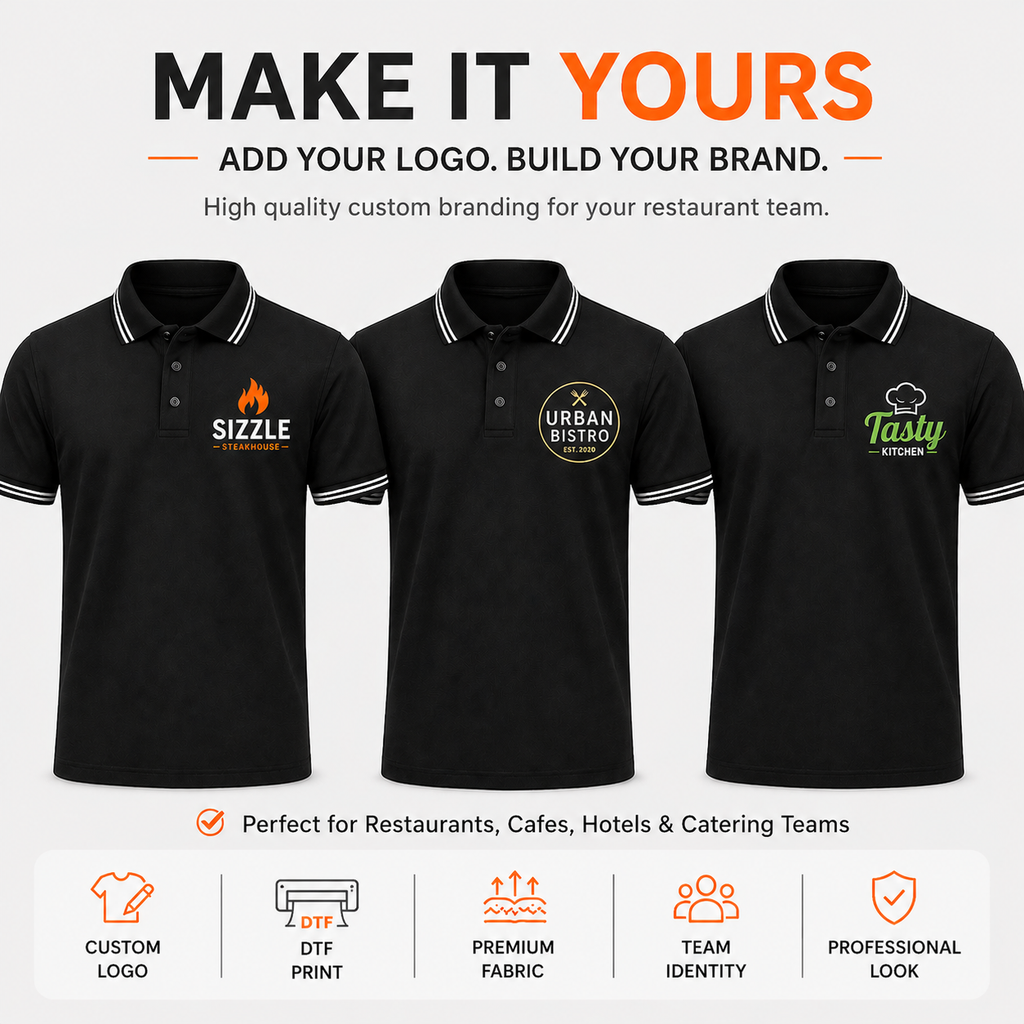 Custom Restaurant Polo T-Shirts – Premium DTF Printed Staff Uniforms